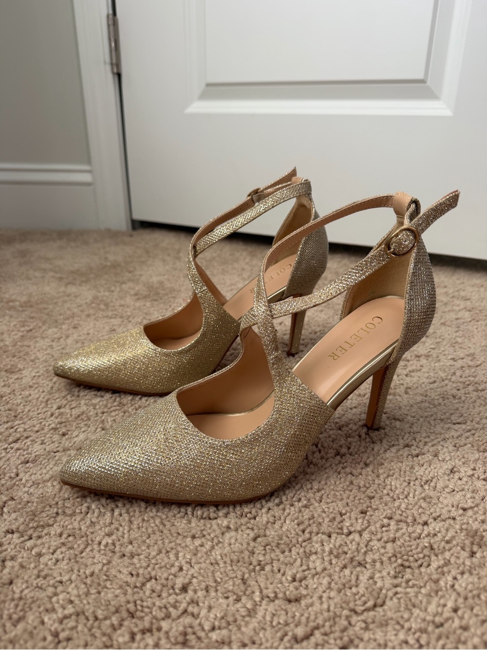 COLETER Gold Glitter Pointed-toe D'Orsay Stiletto Pump Strappy Ankle US 8.5